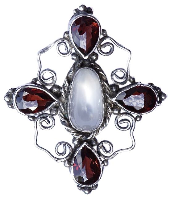 Silver Brooch with Faux Moonstone Faux Garnets circa 1920s
